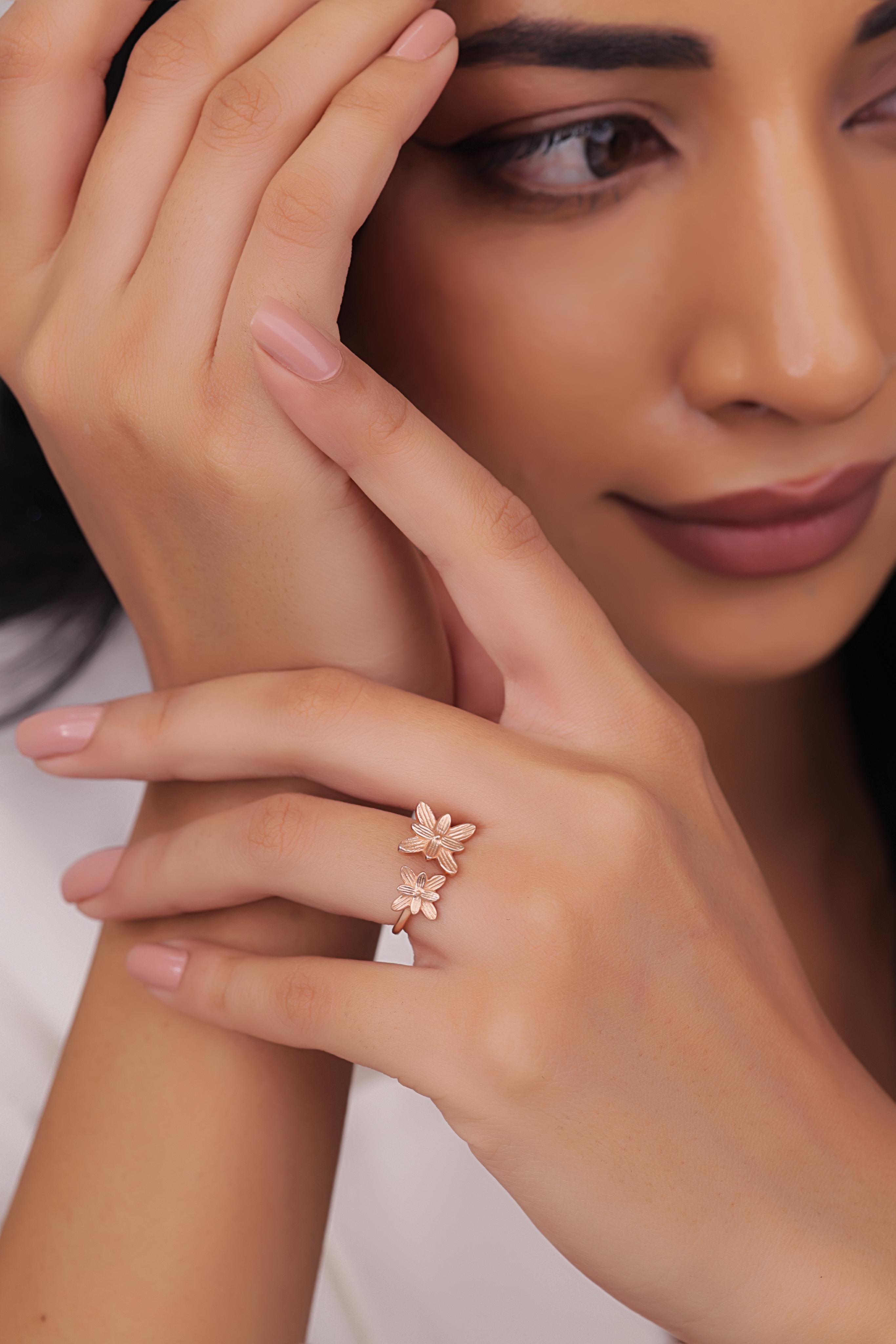 92.5 Sterling Silver Light Weight Floral Rose Gold Plated Open Ring For Women By Kesardeep